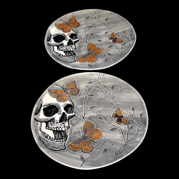 Spectrum Designz Gothic Handmade Skull & Butterflies 11" Ceramic Plates (2) - Picture 2 of 4